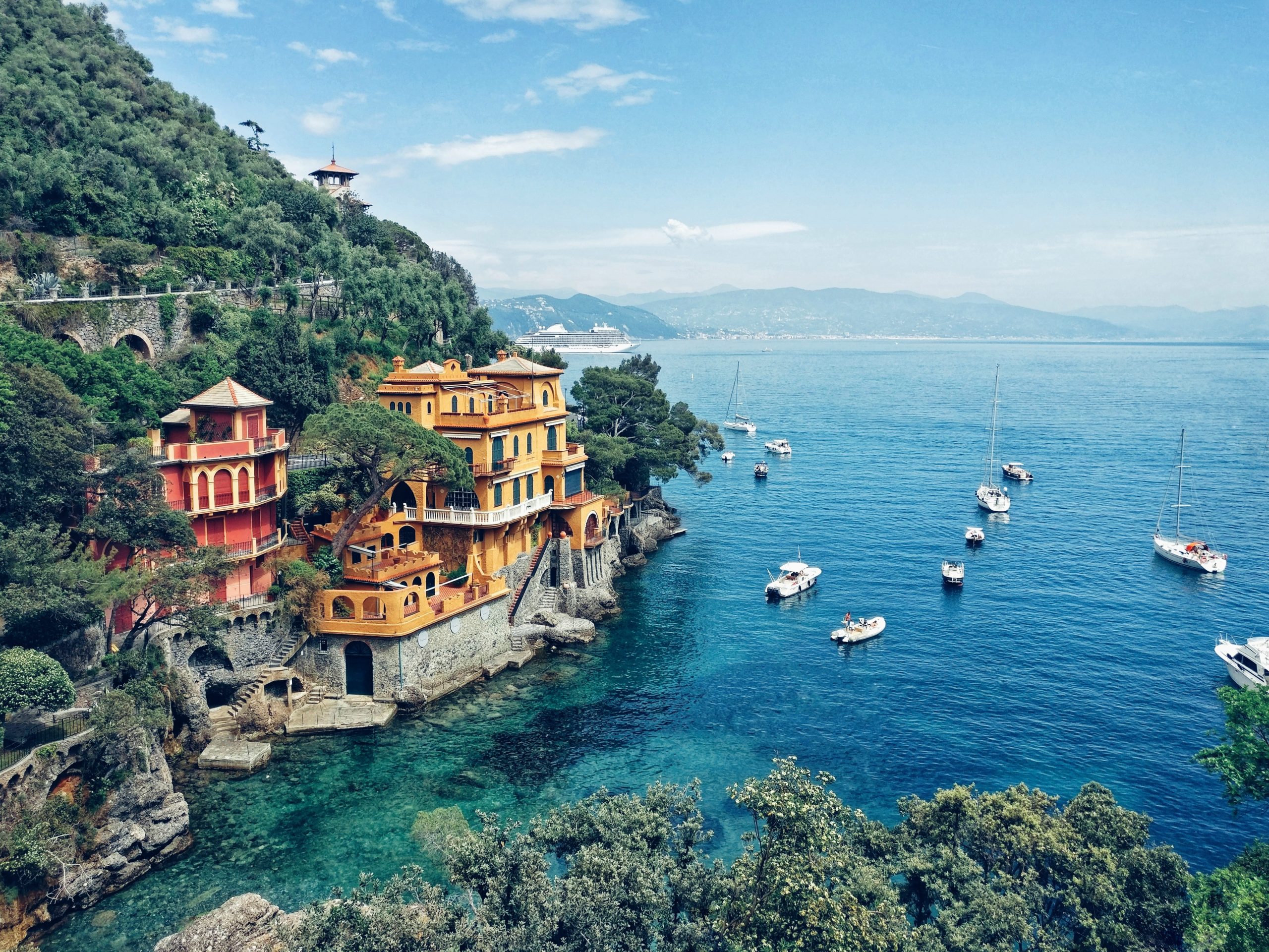Portofino, Italy sea shore cliffs, blue water